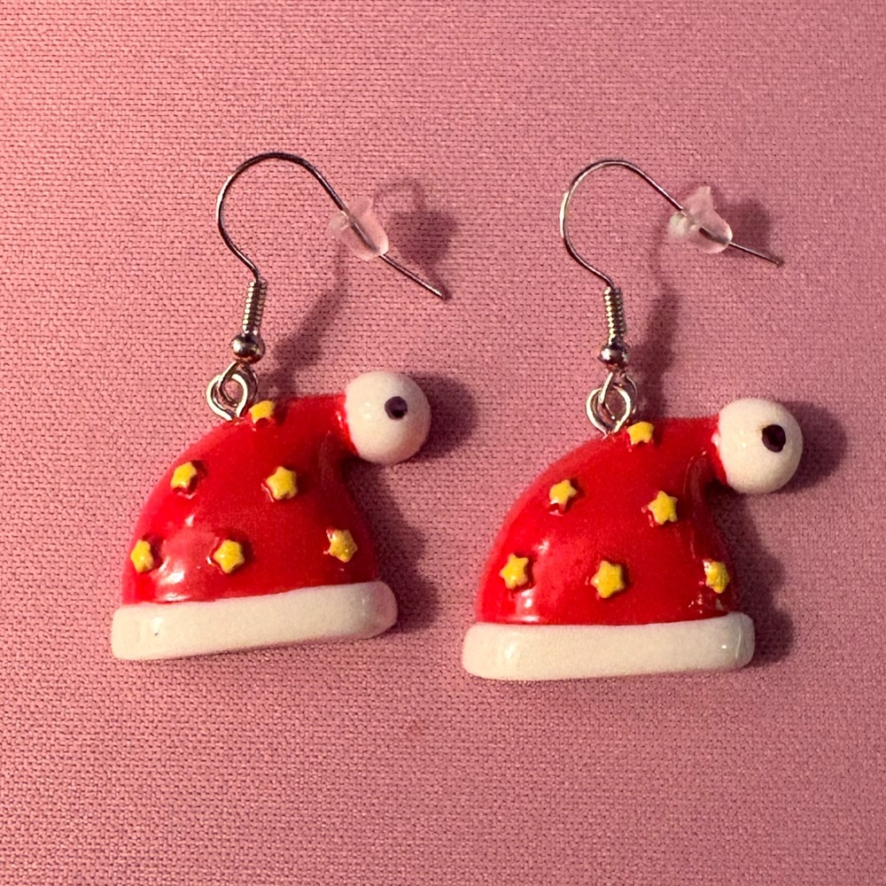 Hand Pained Red Santa Hat Earrings